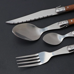 Sapele wood handle stainless steel cutlery set with steak knife, fork and spoons