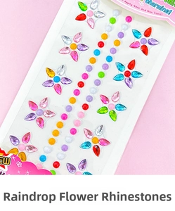 Macro detail of colorful acrylic rhinestone stickers in teardrop and star shapes for DIY