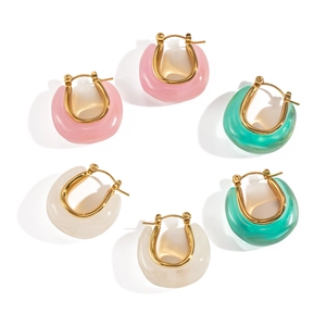 Three pairs of elegant U-shaped resin hoop earrings in pink, green, and white colors