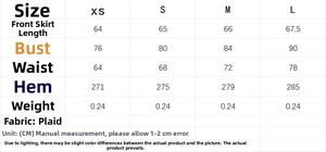 Size chart for halter plaid dress with chest, waist, and length measurements in centimeters
