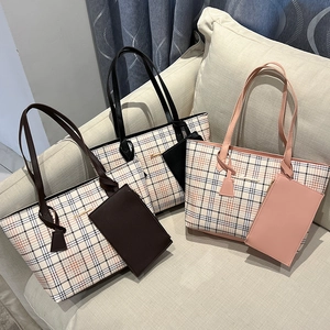 Plaid Print Tote Bag PU Leather Large Capacity Shoulder Bag Women Matching Pouch Elegant Shopping Handbag