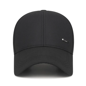 Classic black men's outdoor baseball cap with silver metal sports logo on side