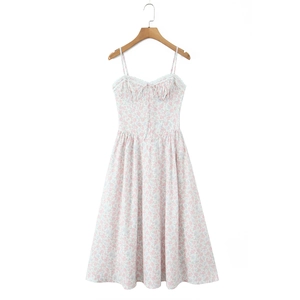 Vestito Maxi Floreale Pizzo Spalline Sottili Schiena Scoperta Stringato Vita Alta Stile Francese Abiti Vacanza Sexy Donne