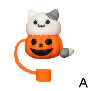 Detail of Halloween pumpkin cat silicone straw topper on white background