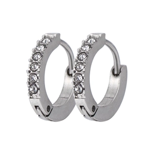 Minimalist silver titanium steel hoop earrings featuring small white cubic zirconia inlay