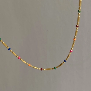18K gold plated titanium steel necklace with colorful beads and morse code tubes