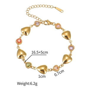 Détails du bracelet cœur en acier inoxydable doré 18 carats avec pierres colorées