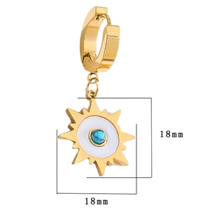 Golden sunburst earrings with turquoise center bead on white background with 18mm dimensions