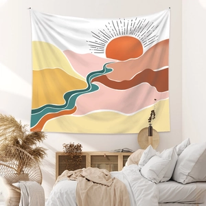Bohemian tapestry featuring a modern sun and mountain landscape for wall decoration