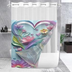 Detail of waterproof waffle fabric shower curtain with 3D floral heart print on white background