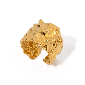 18k gold plated stainless steel wide open ring with hammered lava texture design