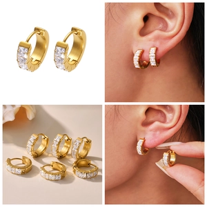 Detail view of 18k gold-plated stainless steel hoop earrings with cubic zirconia stones