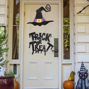 Halloween front door felt witch hat and Trick or Treat sign set for party decoration