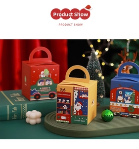 Three-color Christmas gift boxes with Santa and reindeer illustrations and top handles