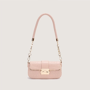 Pink crocodile pattern shoulder bag with golden chain strap and square metal lock closure