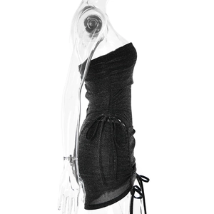 Detail of black sequin mini dress featuring adjustable side drawstring ruching texture