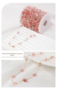 Macro view of 5x8mm pink strawberry quartz beads on a 14k gold-filled jewelry chain