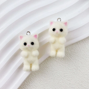Pair of cute white flocked 3D cat pendants with pink ears and silver metal loops