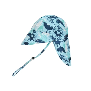 Toddler sun hat with dinosaur print, wide brim, neck flap and adjustable chin strap