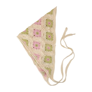 French vintage handmade crochet floral triangle headscarf in beige with pink accents