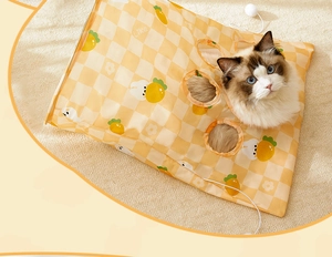 Cat tunnel bag detail showing carrot patterns, plush ball toy, and cat peeking through holes