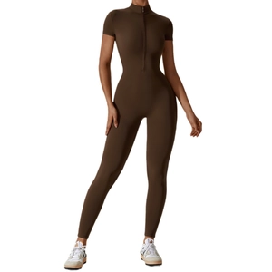 Short sleeve yoga jumpsuit in dark brown with stand collar and zipper detail