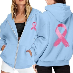 Pink ribbon breast cancer awareness light blue zip up hoodie showing front and back views