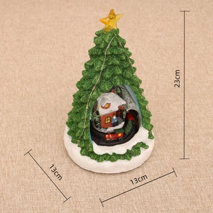 Detailed size view of LED Christmas tree music box featuring a train and house, 23x13cm