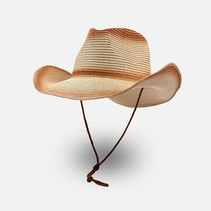 Fashionable gradient straw cowboy hat with adjustable chin strap for beach sun protection