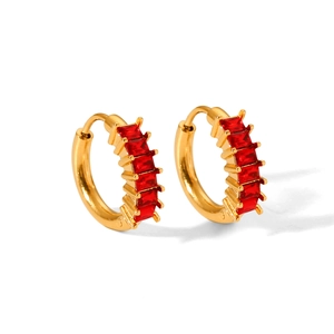 18K gold hoop earrings with five rectangular red zircon stones in a claw setting