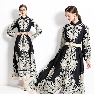 Robe Maxi Imprimé Paisley Vintage Mousseline Manches Lanternes Ourlet À Pompons Ceinture Élégante Longue Femme