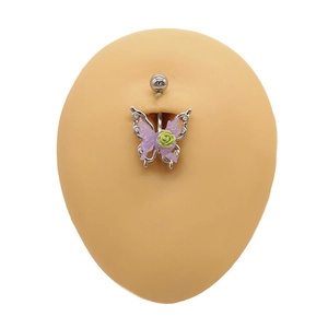 Detailed close-up of a purple butterfly belly ring with crystals and a green rose accent
