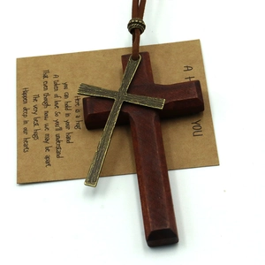 Vintage zwelagige Halskette aus Holz und Bronze-Legierung mit braunem Lederband