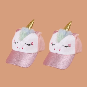 Pink and white unicorn kids baseball cap with gold 3D horn and glitter brim