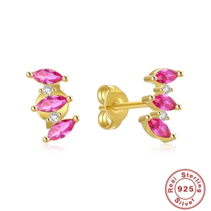 S925 sterling silver stud earrings with pink marquise stones and zircon accents