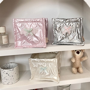 Quilted PU square organizers with lace bows in pink, silver, and cream colors