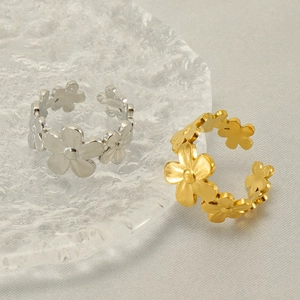 Floral stainless steel open ring in gold and silver finish with flower design