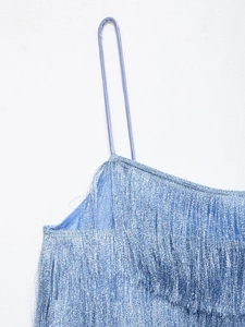 Detail of blue fringe strap top featuring layered metallic thread fringe and clean texture