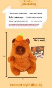 Detailed plush capybara keychain size chart showing 14cm height and orange accent