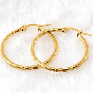 European 18K Gold Plated Stainless Steel Twisted Hoop Earrings For Women Minimalist Spiral Texture Round Circle Ear Jewelry