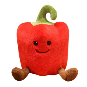 Cute red bell pepper plush toy with green stem and smiling face on white background