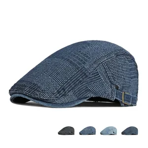 Retro washed denim flat cap for men and women with adjustable side metal buckle