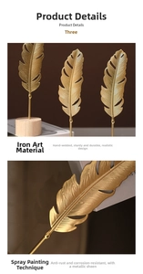 Detail showing golden metal feather ornament with intricate texture and wooden base