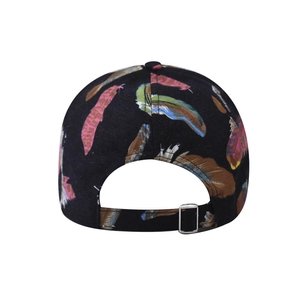 Rear view of black baseball cap with colorful feather print and metal adjustment buckle