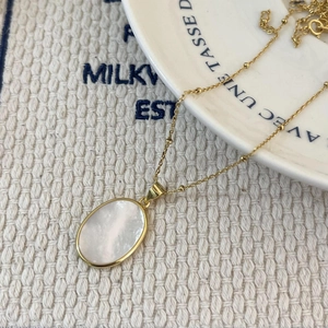 Oval Mother Of Artificial Pearl Pendant Necklace 925 Sterling Silver Gold Plated Bead Chain Elegant Jewelry Women