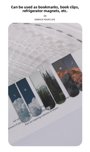 Set of six magnetic bookmarks featuring dreamy landscape prints of clouds and forests