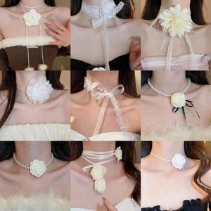 Elegant floral lace choker with pearls and ribbon streamers for women's neck jewelry