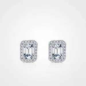 Emerald Cut Moissanite Stud Earrings With 925 Sterling Silver Earring Post Vintage Halo Design Elegant Jewelry For Women