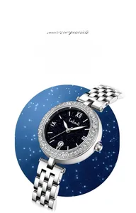 Macro detail of starry blue dial with Roman numerals and luminous steel watch hands
