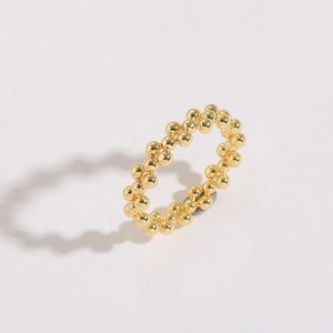Macro detail of 14K gold plated beaded ring showcasing metallic texture and luster